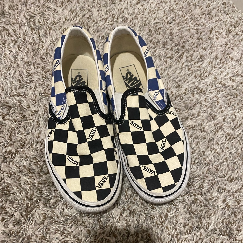 Vans Womens Blue and Black Checkerboard Slip-On Sneakers